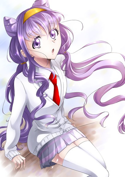 Anime picture 2507x3541 with precure hugtto! precure toei animation ruru amour fgy p momoi single long hair tall image looking at viewer fringe highres open mouth hair between eyes purple eyes twintails payot purple hair pleated skirt wind arm support