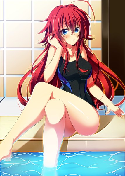 Anime picture 714x1000 with highschool dxd rias gremory kazane kirito single long hair tall image looking at viewer blush blue eyes light erotic sitting red hair crossed legs girl swimsuit pool