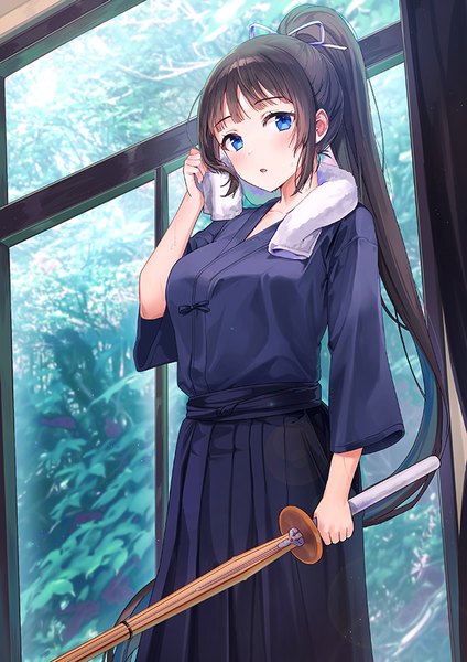 Anime picture 636x900 with original kendo club president (rangu) rangu single long hair tall image looking at viewer blush fringe open mouth blue eyes black hair standing holding payot ponytail indoors blunt bangs long sleeves traditional clothes