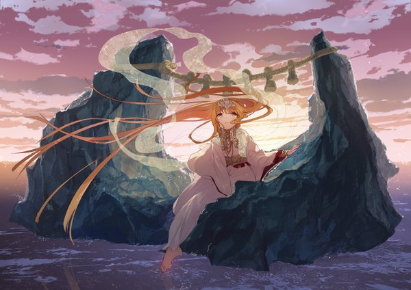 Anime picture 5846x4133 with original noco (adamas) single highres absurdres sky cloud (clouds) very long hair barefoot orange hair orange eyes evening sunset crying girl water jewelry