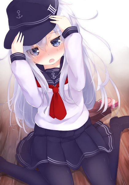 Anime picture 700x1000 with kantai collection hibiki destroyer gengetsu chihiro single tall image looking at viewer blush open mouth blue eyes white background sitting ahoge head tilt pleated skirt arms up no shoes wariza girl skirt uniform