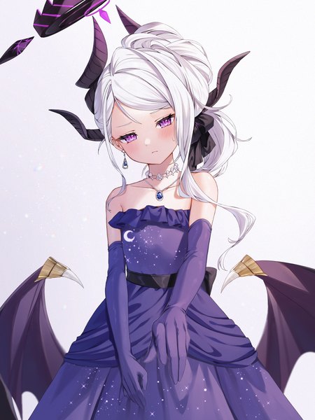 Anime picture 3000x4000 with blue archive hina (blue archive) hina (dress) (blue archive) runlan 0329 single long hair tall image looking at viewer highres simple background purple eyes silver hair head tilt horn (horns) official alternate costume outstretched hand low wings girl dress gloves