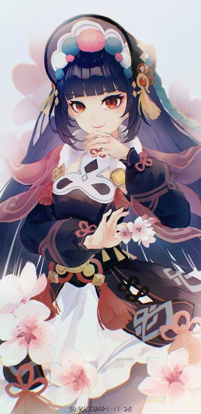 Anime picture 3575x7335 with genshin impact yun jin (genshin impact) swkl:d single long hair tall image fringe highres black hair smile red eyes payot absurdres blunt bangs cherry blossoms dated girl flower (flowers) hat tassel
