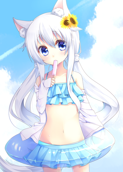 Anime picture 2589x3623 with original joujou single long hair tall image looking at viewer blush fringe highres blue eyes hair between eyes standing twintails bare shoulders animal ears payot white hair tail head tilt animal tail