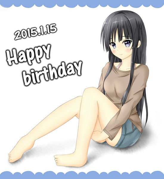 Anime picture 825x900 with k-on! kyoto animation akiyama mio tear yu single long hair tall image looking at viewer blush fringe black hair simple background smile purple eyes bent knee (knees) legs girl clothes