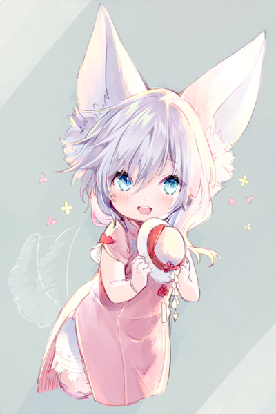Anime picture 900x1350 with final fantasy final fantasy xiv square enix lalafell yuya (night lily) single tall image looking at viewer blush fringe short hair open mouth blue eyes simple background smile hair between eyes holding animal ears upper body white hair
