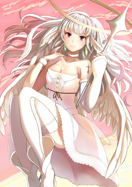 Anime picture 1000x1414 with original nemunemu (bluelight5) single long hair tall image looking at viewer blush smile purple eyes bare shoulders holding cleavage white hair lying from above on back tattoo looking up angel wings angel