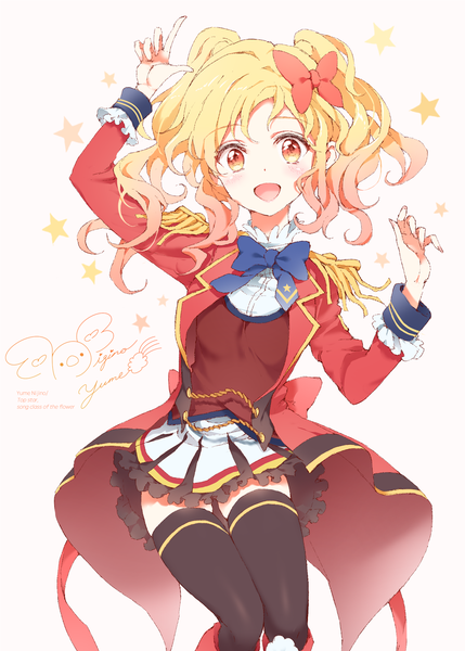 Anime picture 2039x2852 with aikatsu! aikatsu stars! nijino yume nghrstst single tall image looking at viewer blush highres short hair open mouth blonde hair white background twintails brown eyes character names short twintails gradient hair girl thighhighs