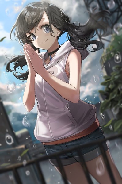 Anime picture 797x1200 with tenki no ko amano hina (tenki no ko) goomrrat single long hair tall image looking at viewer fringe black hair smile hair between eyes standing twintails bare shoulders cloud (clouds) outdoors grey eyes sleeveless floating hair low twintails