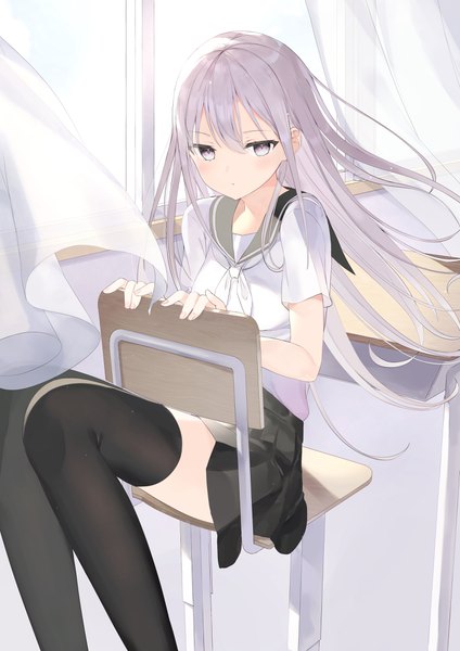Anime picture 2895x4096 with original zukan (db tyoutyo) single long hair tall image looking at viewer blush fringe highres hair between eyes sitting purple eyes indoors pleated skirt wind grey hair girl thighhighs skirt uniform