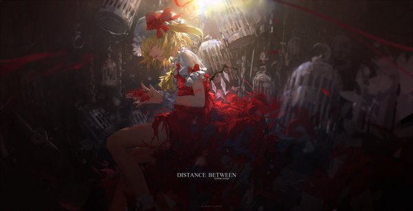 Anime picture 2154x1100 with touhou flandre scarlet mivit single highres short hair open mouth wide image sitting holding signed eyes closed profile blurry short sleeves depth of field puffy sleeves character names one side up text