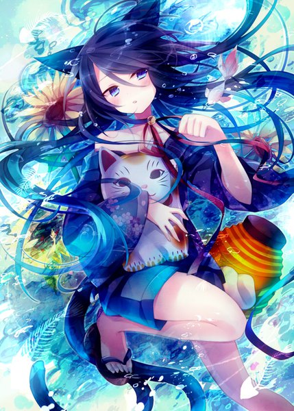 Anime picture 600x839 with original ibara riato single long hair tall image blush fringe open mouth blue eyes black hair hair between eyes bare shoulders holding animal ears looking away bent knee (knees) tail lying japanese clothes barefoot