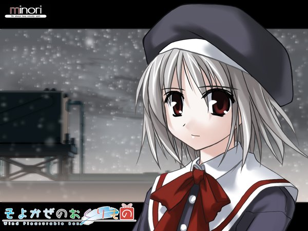 Anime picture 1280x960 with wind a breath of heart tsukishiro hikari yuuki tatsuya looking at viewer short hair red eyes upper body wind grey hair copyright name girl