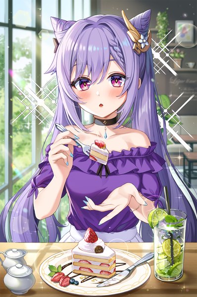 Anime picture 1792x2700 with genshin impact keqing (genshin impact) keqing (lantern rite) (genshin impact) chlgo08 single long hair tall image looking at viewer blush fringe highres breasts open mouth hair between eyes purple eyes twintails bare shoulders payot purple hair indoors