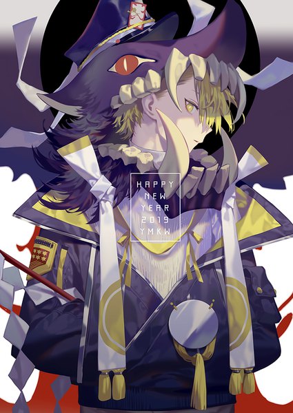 Anime picture 724x1023 with original yamakawa single tall image short hair blonde hair yellow eyes profile fang (fangs) shaded face new year hands in pockets happy new year 2019 zodiac ambiguous gender chinese zodiac tassel peaked cap gohei