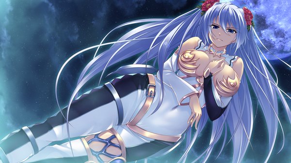 Anime picture 1024x576 with shin shirogane no soleil skyfish (studio) single long hair looking at viewer breasts blue eyes light erotic wide image blue hair game cg night girl detached sleeves moon suit