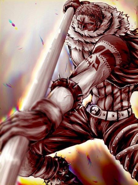 Anime picture 768x1024 with one piece toei animation charlotte katakuri tsan3010228 single tall image looking at viewer short hair red eyes holding open jacket tattoo fur trim glowing scar glowing eye (eyes) muscle covered mouth abs polychromatic