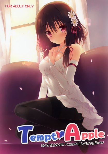 Anime picture 1685x2411 with original any (trueblue) single long hair tall image looking at viewer blush breasts brown hair sitting pink eyes wind scan girl dress flower (flowers) ribbon (ribbons) hair ribbon detached sleeves petals