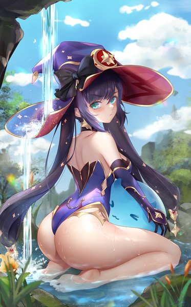 Anime picture 1280x2059 with genshin impact mona megistus slime (genshin impact) liu liaoliao single long hair tall image looking at viewer blush fringe breasts light erotic black hair hair between eyes twintails payot sky cloud (clouds) full body outdoors