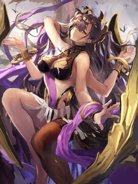 Anime picture 2480x3300 with original manichi single long hair tall image looking at viewer fringe highres breasts light erotic black hair hair between eyes large breasts bent knee (knees) mole orange eyes mole under eye floating hair outstretched arm adjusting hair