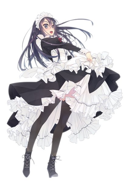 Anime picture 1131x1600 with original murakami suigun single long hair tall image blush open mouth blue eyes black hair simple background white background maid girl thighhighs uniform black thighhighs headdress maid headdress