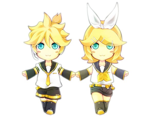 Anime picture 1024x768 with vocaloid kagamine rin kagamine len short hair simple background blonde hair smile white background aqua eyes chibi siblings :3 twins blush stickers girl hair ornament ribbon (ribbons) hair ribbon shorts hairclip