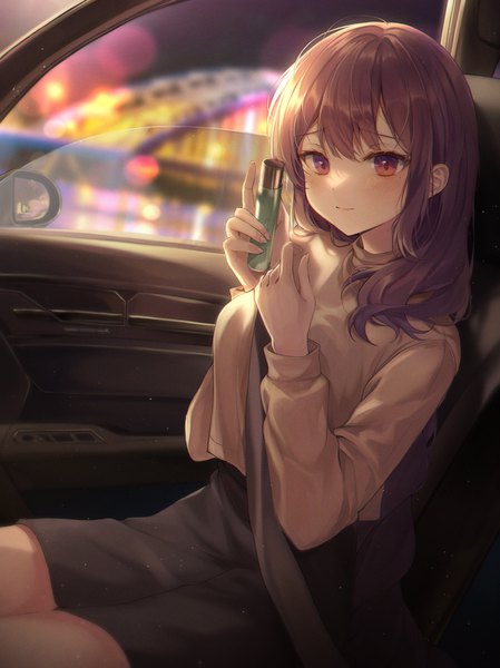 Anime picture 2986x3994 with genshin impact raiden shogun solcha single long hair tall image looking at viewer fringe highres sitting holding purple hair blunt bangs long sleeves pink eyes blurry night arms up alternate costume casual
