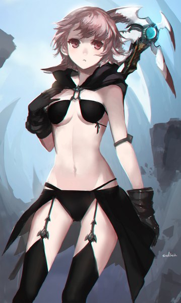 Anime picture 848x1417 with final fantasy final fantasy xiv square enix swd3e2 single tall image short hair breasts light erotic red eyes signed looking away pink hair midriff girl gloves navel underwear panties weapon
