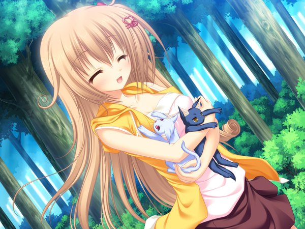 Anime picture 1600x1200 with neko koi! whirlpool (studio) ryuudou misaki mikagami mamizu single long hair open mouth blonde hair eyes closed girl plant (plants) tree (trees) cat