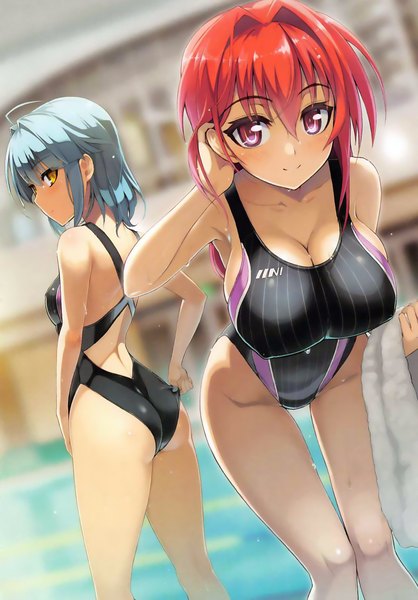 Anime picture 1216x1745 with shinmai maou no testament production ims naruse mio nonaka yuki ookuma (nitroplus) long hair tall image looking at viewer short hair breasts light erotic red eyes large breasts multiple girls yellow eyes blue hair cleavage ahoge ass red hair