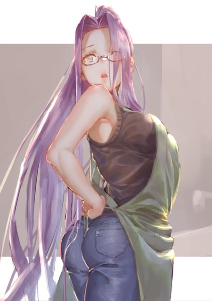 Anime picture 2425x3445 with fate (series) fate/stay night rider rolua single long hair tall image highres open mouth light erotic simple background bare shoulders yellow eyes looking away purple hair ass looking back sleeveless arm behind back shiny