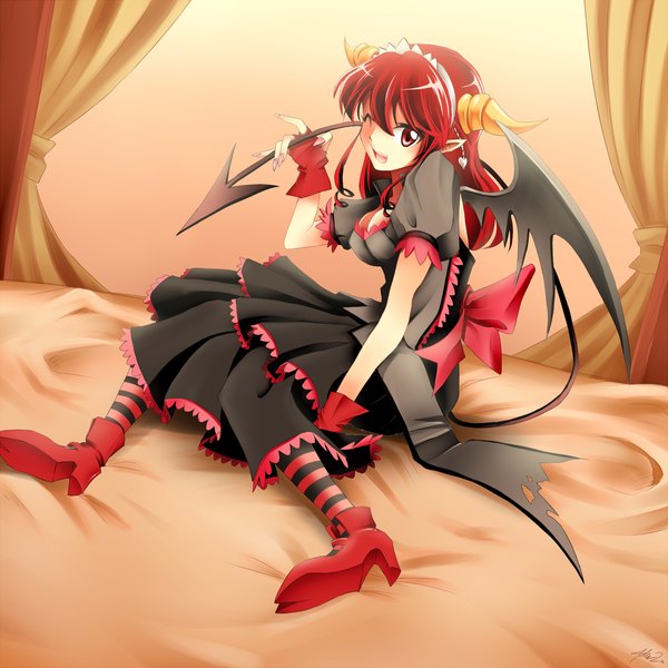 Anime picture 1200x1200 with original mystic (mysticswordsman21) single long hair open mouth smile red hair tail nail polish one eye closed pink eyes horn (horns) pointy ears wink bat wings girl thighhighs dress hairband fingerless gloves