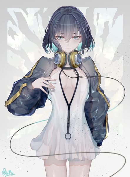 Anime picture 2900x3941 with original alpakakkax2 single tall image looking at viewer fringe highres short hair breasts blue eyes light erotic black hair hair between eyes standing signed multicolored hair colored inner hair expressionless headphones around neck girl