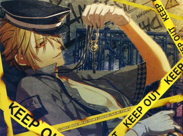 Anime picture 1539x1139 with amnesia idea factory toma (amnesia) short hair blonde hair smile red eyes open clothes open shirt naked shirt boy gloves chain peaked cap key cage caution tape