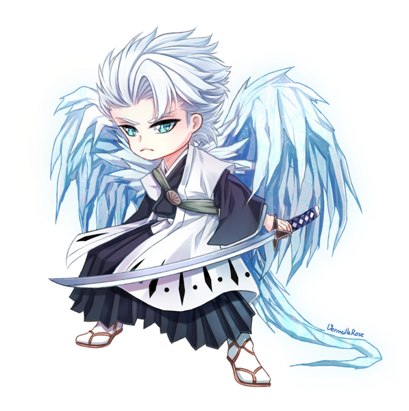 Anime picture 1685x1696 with bleach studio pierrot hitsugaya toushirou vermeillerose (maria) single tall image short hair standing holding signed looking away full body white hair tail traditional clothes japanese clothes aqua eyes wide sleeves transparent background chibi