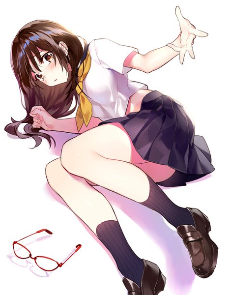 Anime picture 1000x1286 with original comeo single long hair tall image looking at viewer blush fringe light erotic simple background hair between eyes brown hair white background brown eyes full body bent knee (knees) lying pleated skirt short sleeves on side