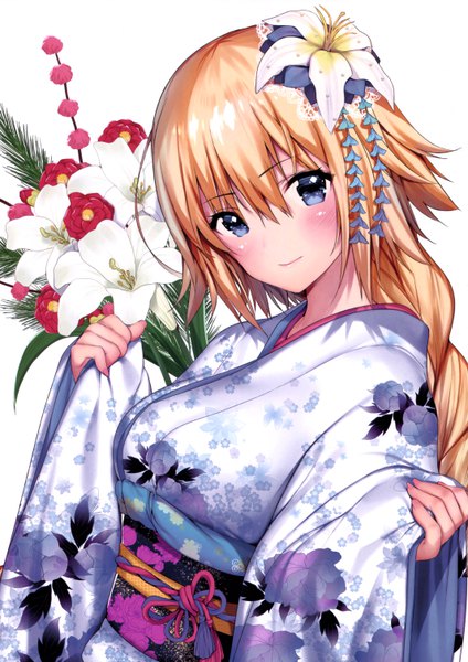 Anime picture 4263x6028 with fate (series) fate/grand order jeanne d'arc (fate) (all) jeanne d'arc (fate) matarou (genkai toppa) single long hair tall image looking at viewer blush fringe highres blue eyes simple background blonde hair smile hair between eyes white background holding absurdres