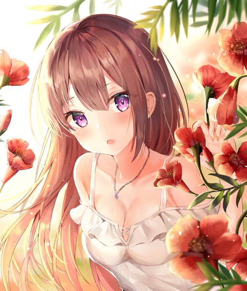 Anime picture 2472x2902 with original refile single long hair tall image looking at viewer blush fringe highres breasts open mouth hair between eyes brown hair purple eyes bare shoulders holding cleavage upper body outdoors nail polish