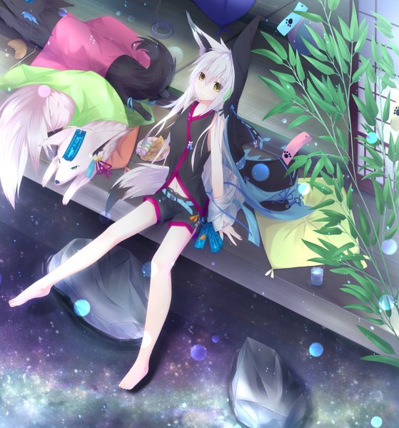 Anime picture 1152x1236 with original nagishiro mito long hair tall image sitting brown eyes animal ears white hair tail animal tail barefoot girl plant (plants) animal shorts fox