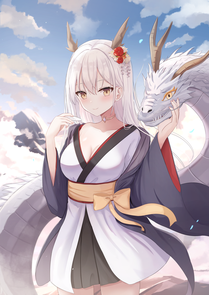 Anime-Bild 1771x2508 mit original touhourh single long hair tall image looking at viewer blush fringe highres breasts light erotic smile hair between eyes large breasts standing yellow eyes sky cloud (clouds) outdoors white hair