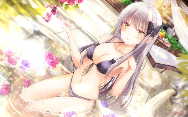 Anime picture 1920x1200 with bang dream! minato yukina masa (mirage77) single long hair looking at viewer blush fringe highres breasts light erotic hair between eyes signed yellow eyes cleavage silver hair :o sparkle wet dutch angle