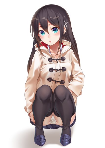 Anime picture 571x800 with original ray-akila single long hair tall image blush blue eyes light erotic black hair simple background white background pantyshot girl thighhighs underwear panties black thighhighs coat