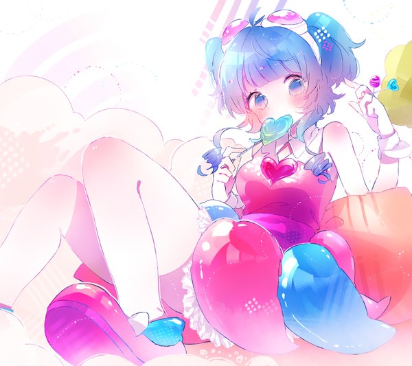Anime picture 1900x1688 with vocaloid candy candy (song) gumi niwa (ejizon) single blush fringe highres short hair blue eyes sitting bare shoulders blue hair looking away ahoge blunt bangs two side up drill hair goggles on head girl