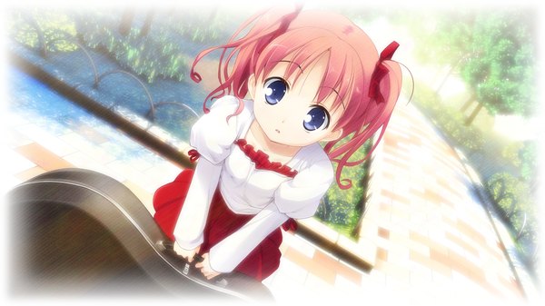 Anime picture 2560x1440 with shunki gentei poco a poco nonomiya ai takoyaki (roast) highres short hair blue eyes wide image twintails game cg red hair loli girl dress ribbon (ribbons) hair ribbon