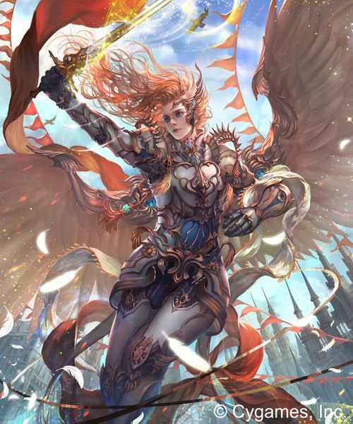 Anime picture 1286x1543 with original shitsu soku k single long hair tall image blue eyes sky wind orange hair inscription outstretched arm angel wings glow girl weapon animal sword wings bird (birds) building (buildings)