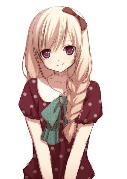 Anime picture 644x910 with original nana mikoto single long hair tall image looking at viewer blush fringe simple background smile hair between eyes white background purple eyes upper body braid (braids) head tilt polka dot hair over shoulder girl dress