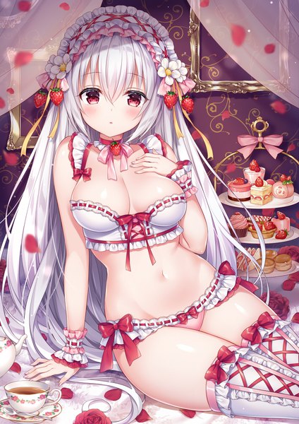 Anime picture 707x1000 with original mitsuba choco single long hair tall image looking at viewer blush fringe breasts open mouth light erotic hair between eyes red eyes large breasts sitting payot cleavage white hair indoors arm support
