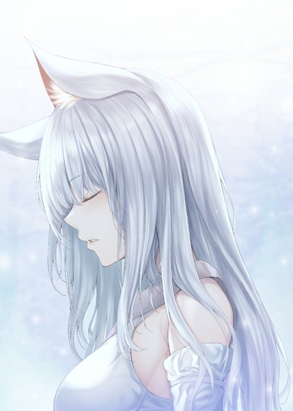 Anime picture 833x1166 with maplestory g home single long hair tall image blush fringe simple background hair between eyes silver hair upper body eyes closed parted lips profile girl