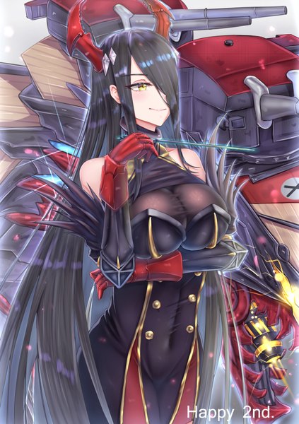 Anime picture 1224x1737 with azur lane friedrich der grosse (azur lane) sking single long hair tall image blush fringe breasts light erotic black hair simple background smile large breasts standing bare shoulders holding yellow eyes payot looking away