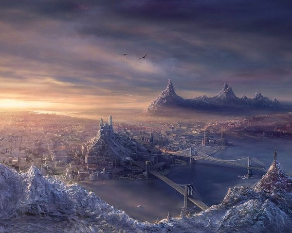 Anime picture 1280x1024 with sky evening sunset cityscape mountain river water castle bridge